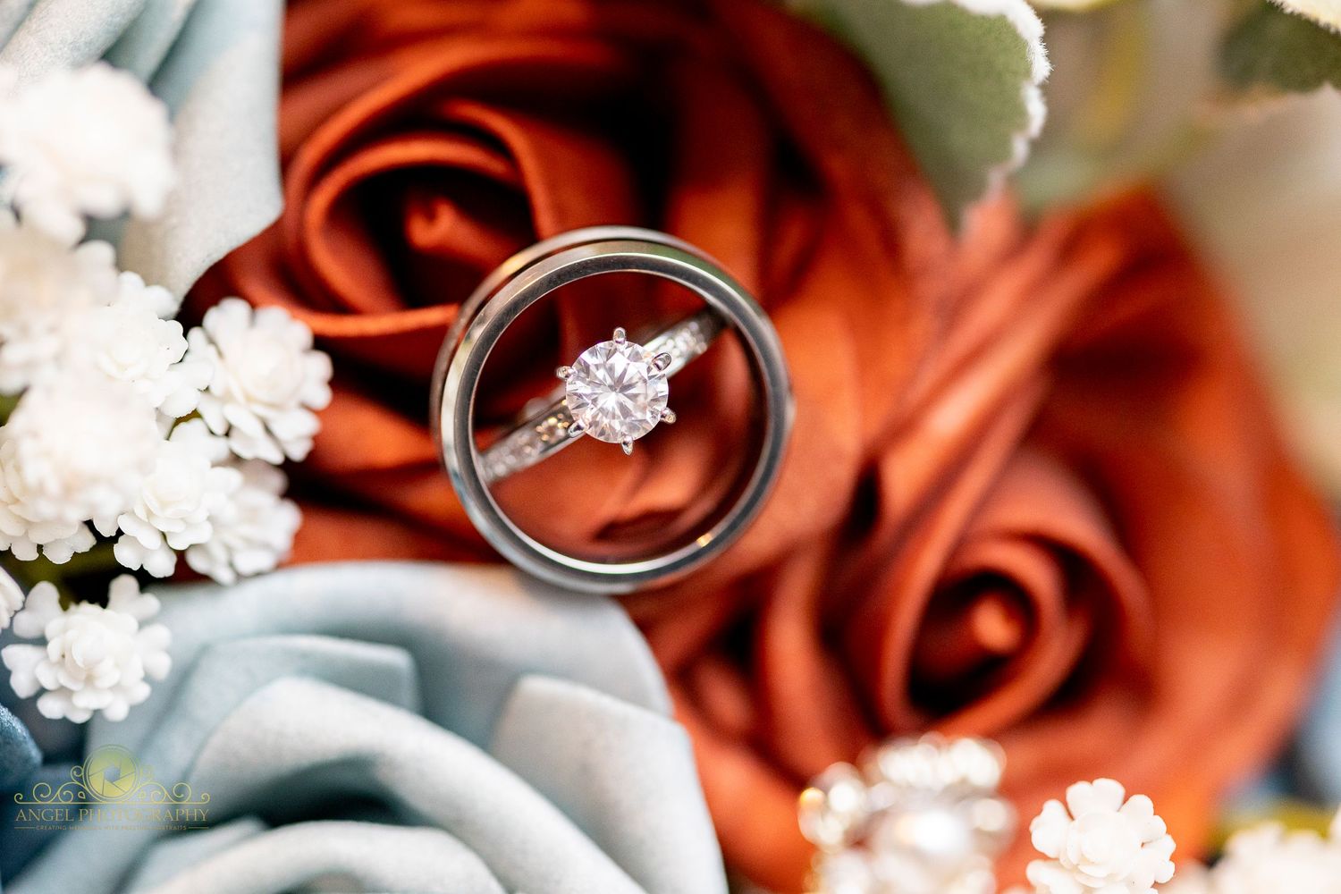 Wedding rings photographed on red and white roses with baby's breath flowers.