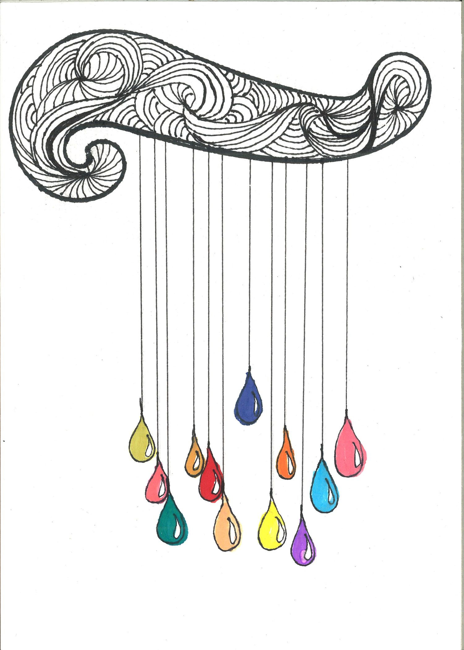 Decorative clouds with dangling colorful water drops in a minimalist line art style.