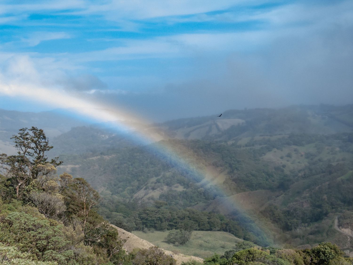 Vibrant rainbow arches over rolling green hills and mountains under partly cloudy skies.