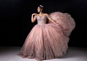 Elegant pink ballgown with sparkles photographed in dramatic studio lighting.