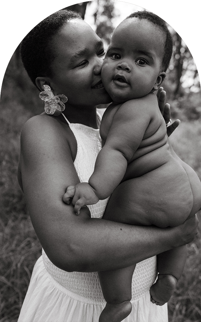 Black and white photos capturing sweet moments between mother and baby.