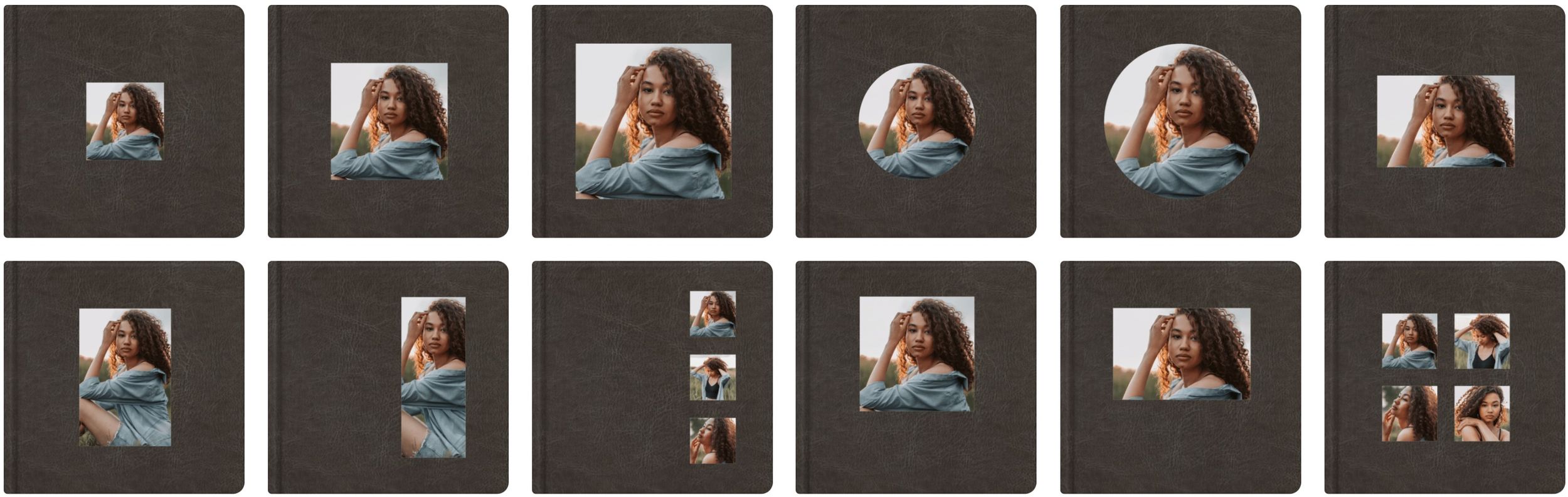 Wall display of high-resolution senior photographs in elegant  cameo album frames