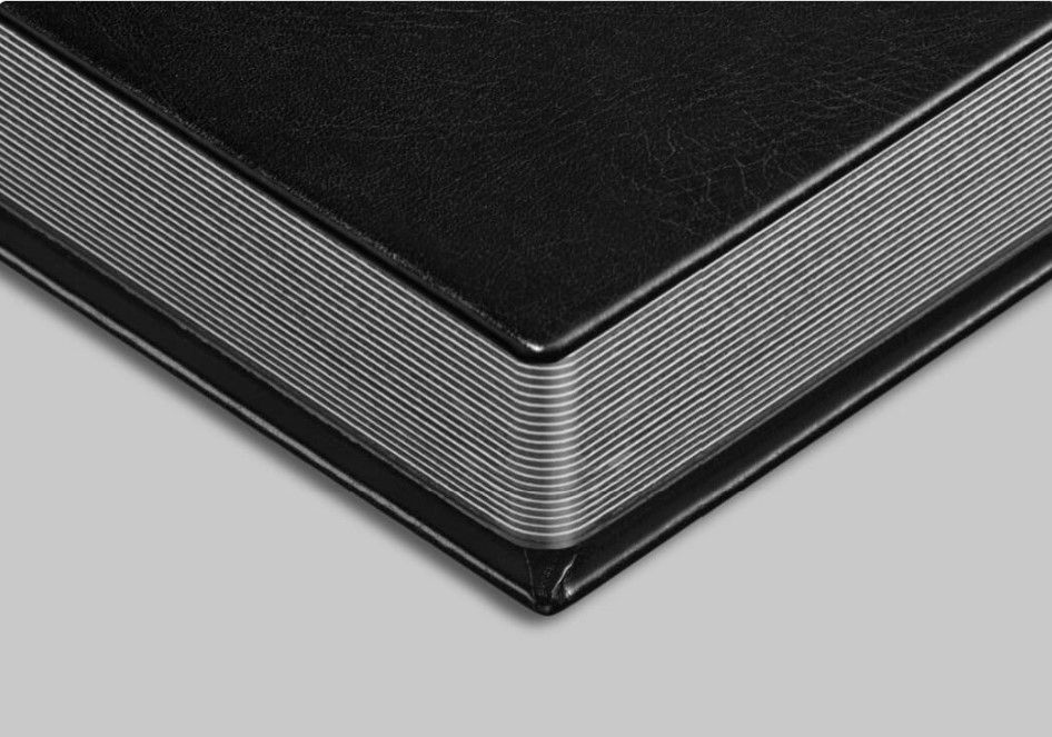 Close-up of sharp square corners of a leather Album