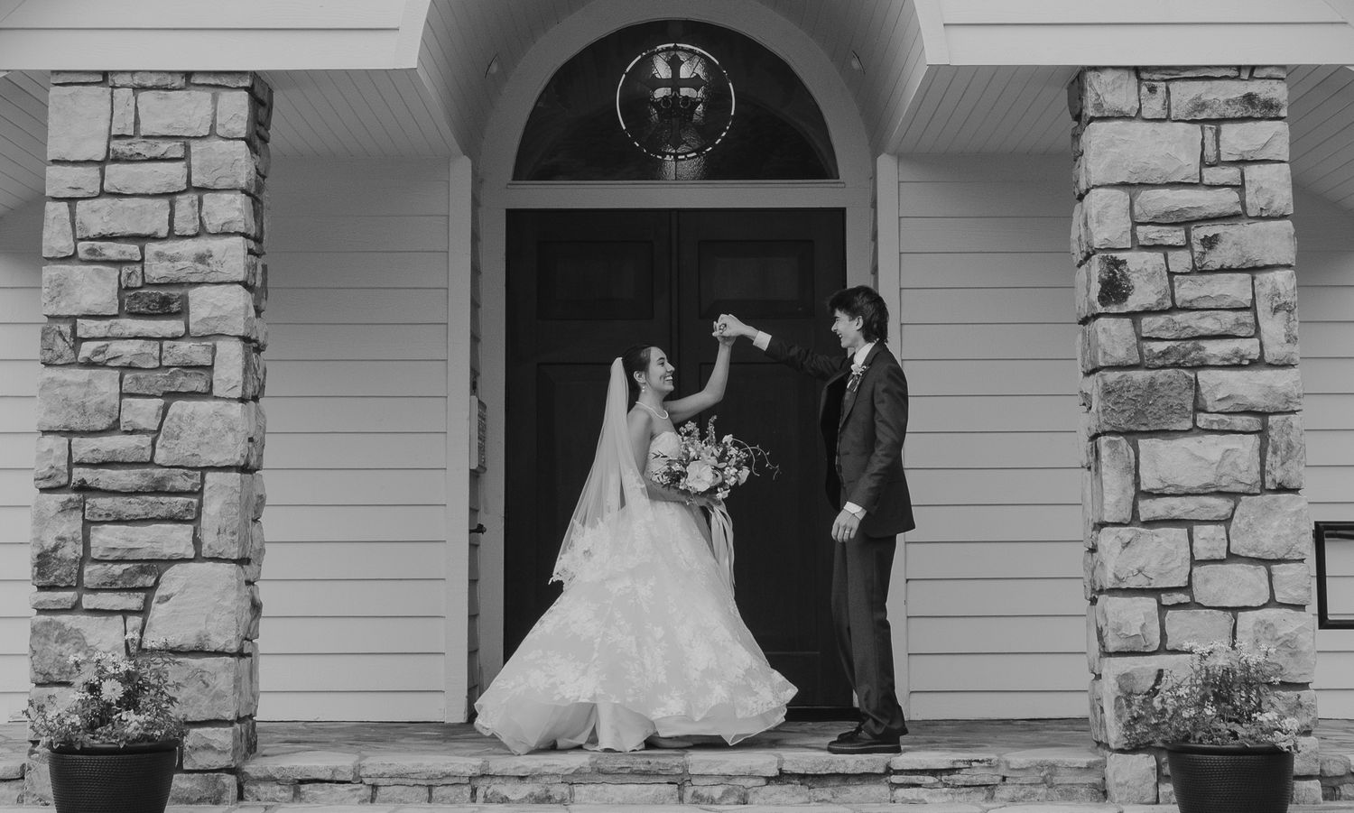 A black and white sequence showing a wedding party on a stone-pillared porch. Biltmore Estate wedding photographer