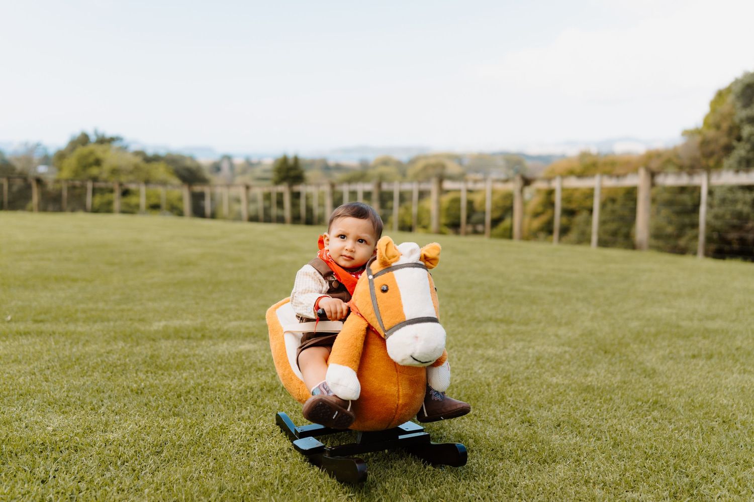 Toddler smiling while riding an orange toy horse rocker on a lush green lawn outdoors.