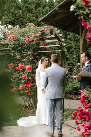 Outdoor wedding ceremony with red roses climbing on wooden pergola in garden setting.