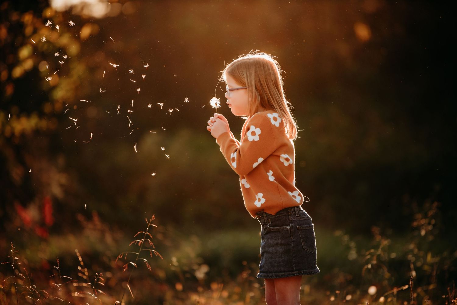 A magical sunset scene shows a child blowing dandelion seeds in golden light.