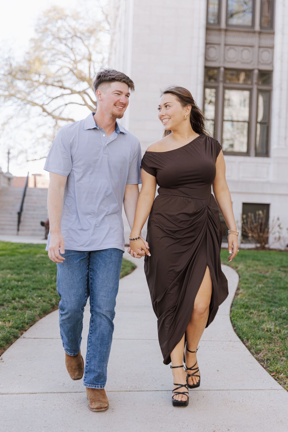 A couple walking together along a concrete path wearing contrasting casual outfits in a series of romantic moments.