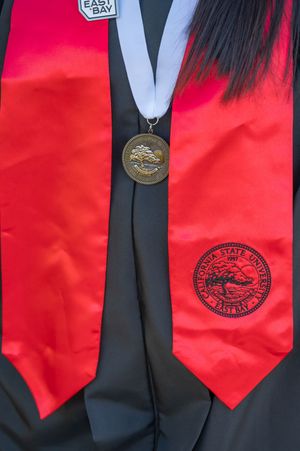 Graduation medal and red stole with university seal displayed on black graduation gown.