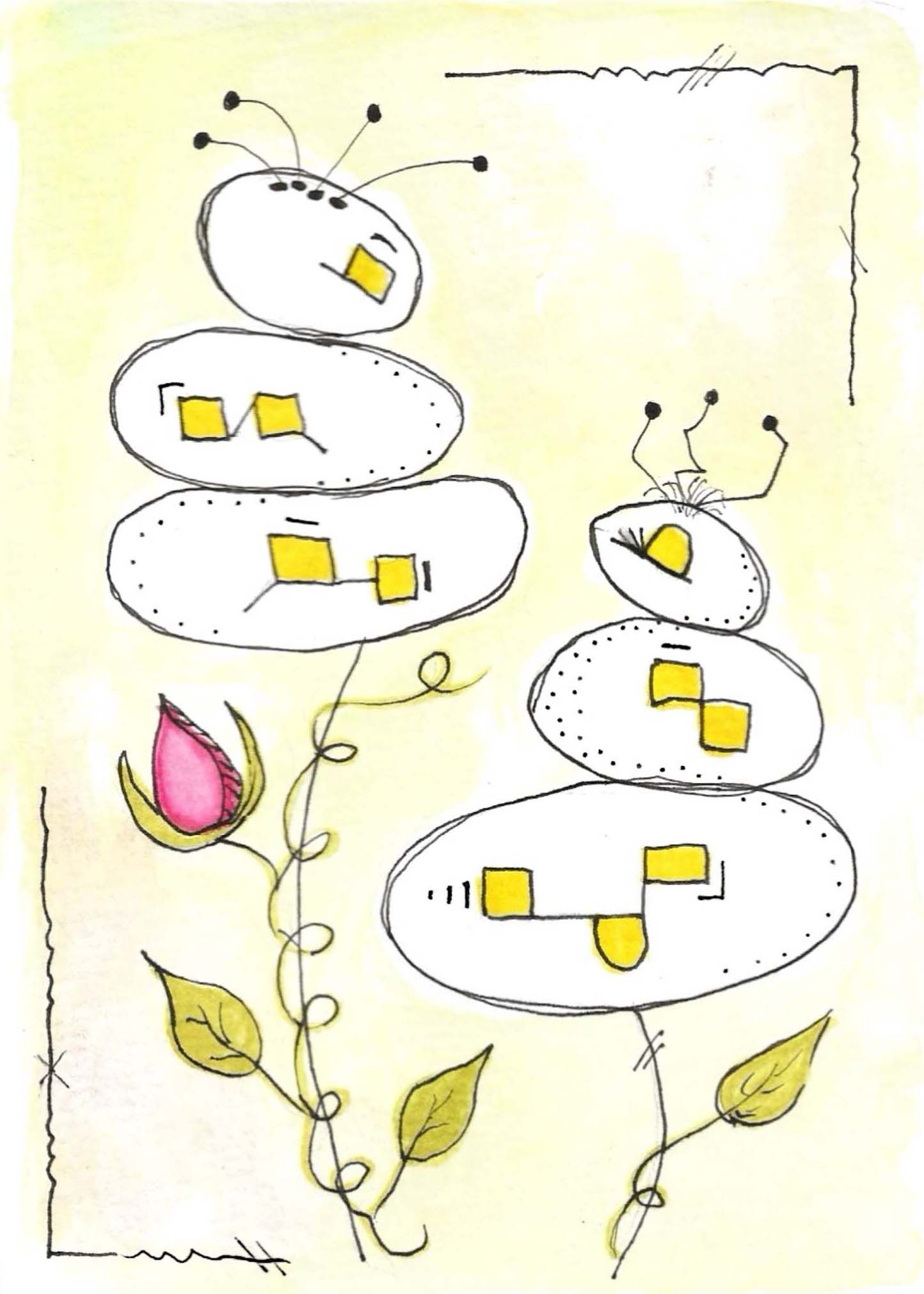 Delicate watercolor sketch of abstract white shapes with yellow squares and pink flower buds on pale yellow background.
