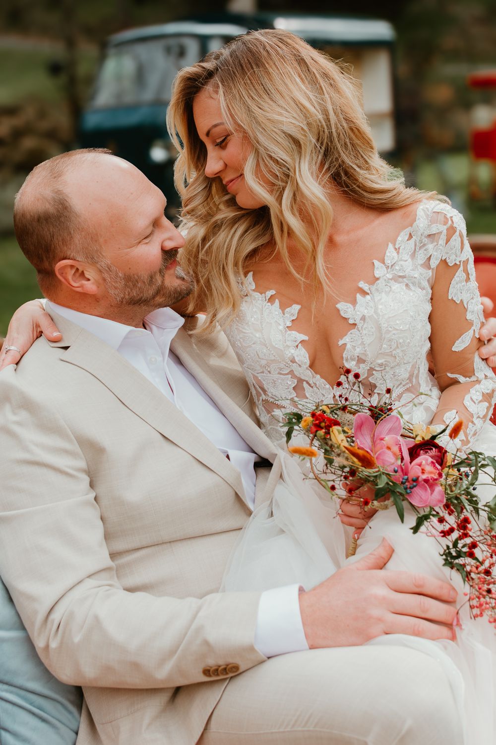 Intimate wedding portrait series showing tender moments between newlyweds.