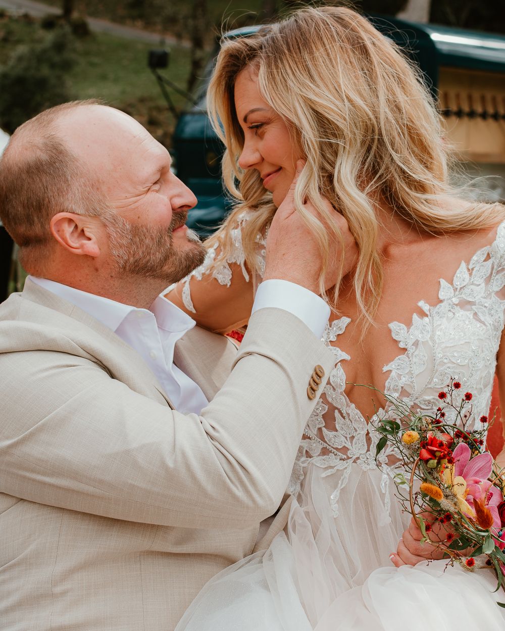 Candid wedding photography sequence capturing romantic moments between bride and groom.