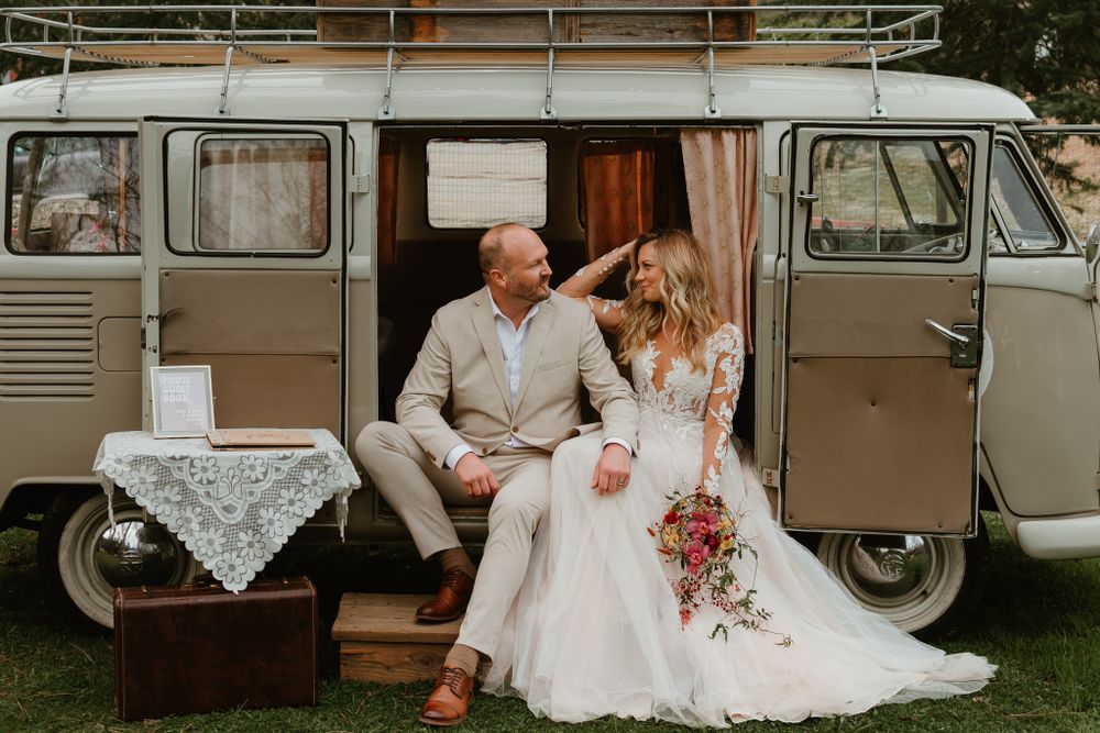 Wedding photography sequence with classic Volkswagen van in outdoor setting.