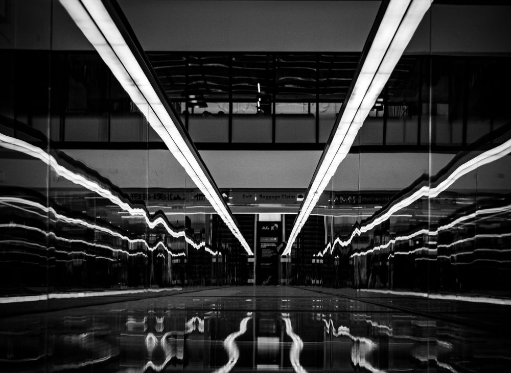 Symmetrical black and white photograph of fluorescent lights reflecting on a polished floor.