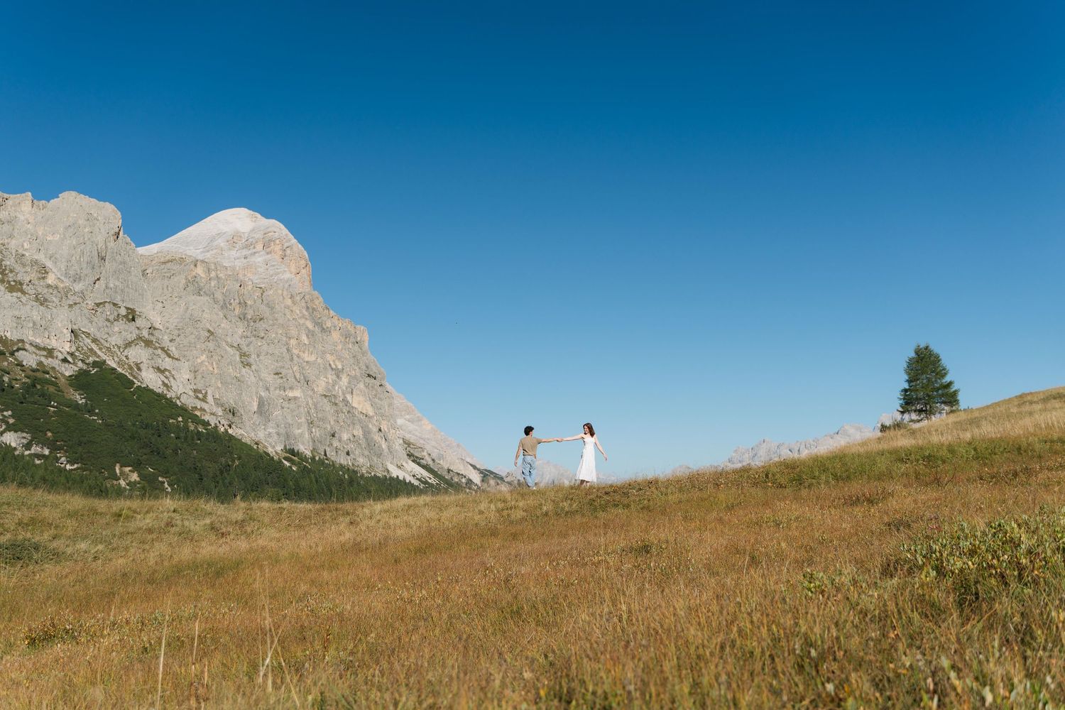 Couple in white attire on a golden meadow with dramatic rocky mountain and lone tree under clear blue sky.