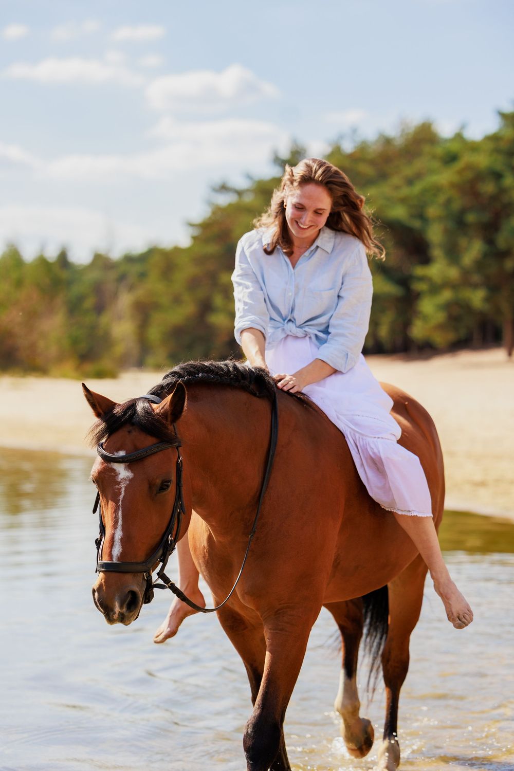A brown horse and rider enjoy a peaceful moment along the shoreline on a sunny day at the beach.