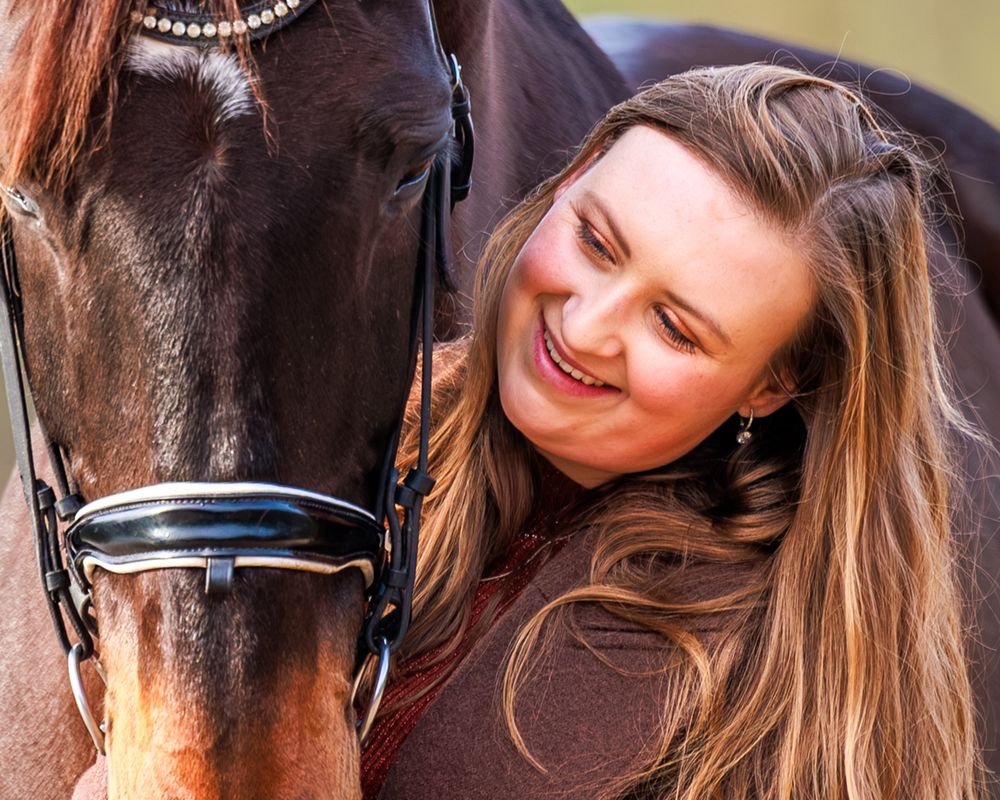 Close-up collage of a person bonding with a brown horse, showing affectionate moments between human and equine.