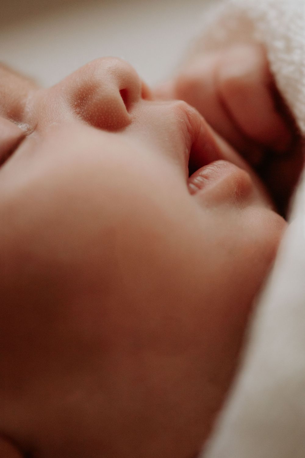 Extreme close-up profile series of sleeping newborn's delicate features. Photographed in a natural light studio in the blue mountains