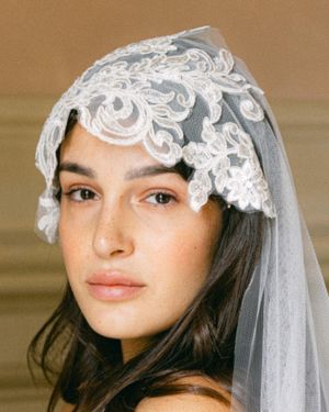 Bridal portrait showcasing an intricate lace veil against a warm brown background.