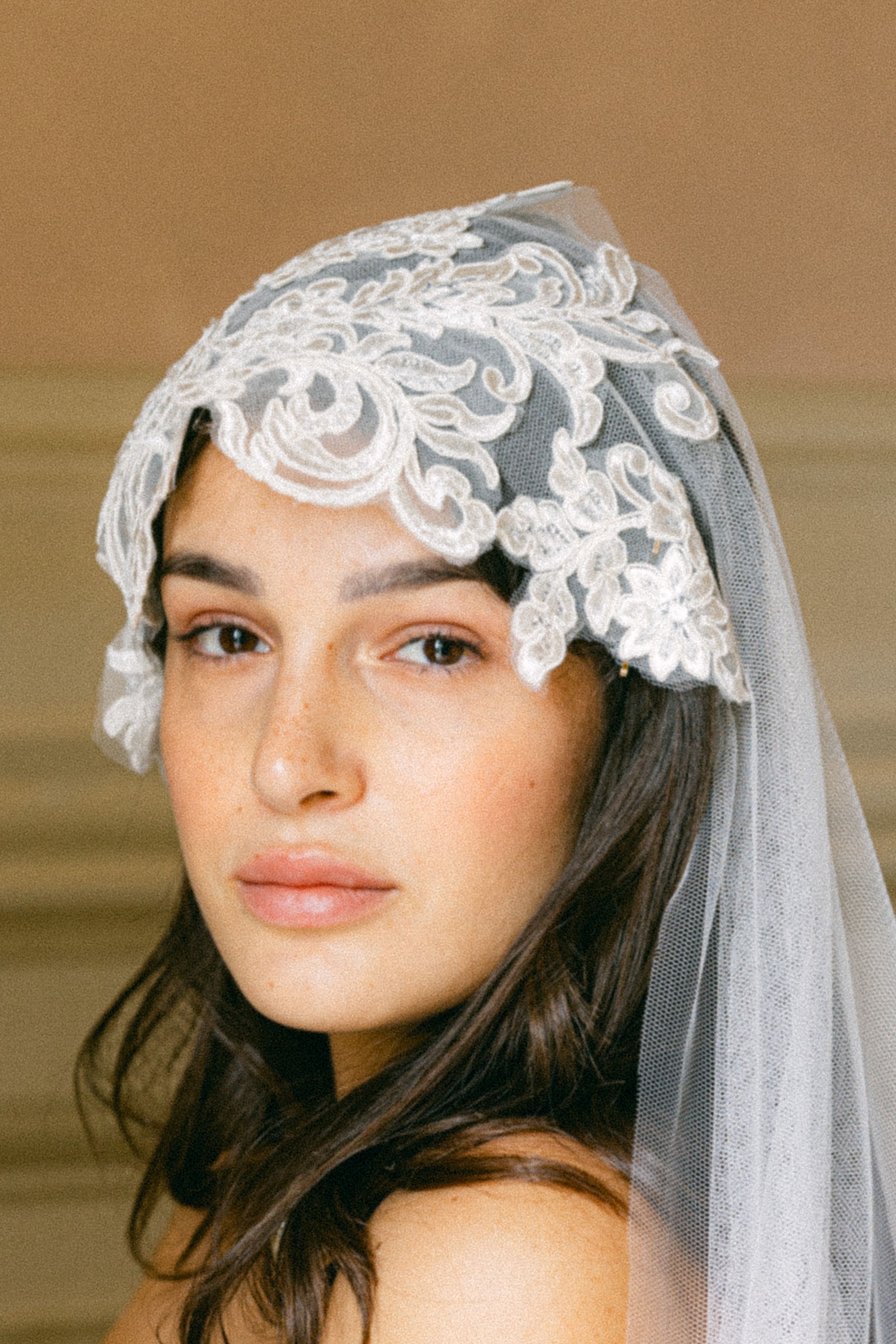 Elegant bridal portrait featuring a delicate lace veil against a warm neutral background.