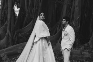 Black and white wedding portrait under majestic tree canopy.