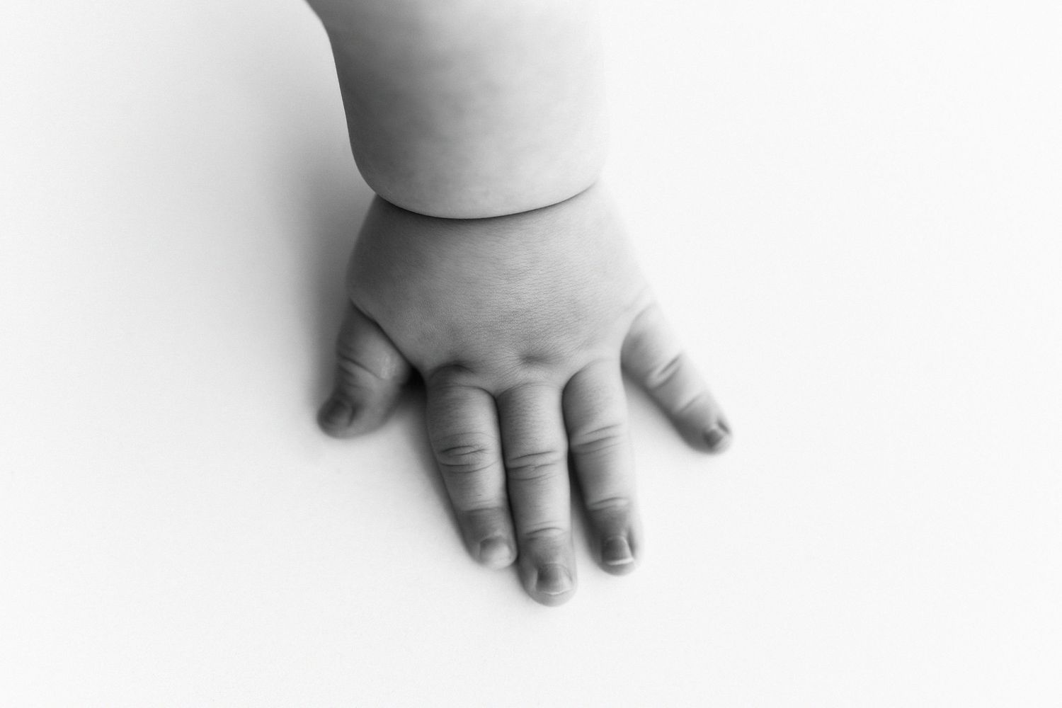Black and white close-up photograph of tiny baby hand against white background.