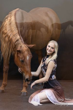 A chestnut horse and someone in a floral dress interact during an indoor photo session.