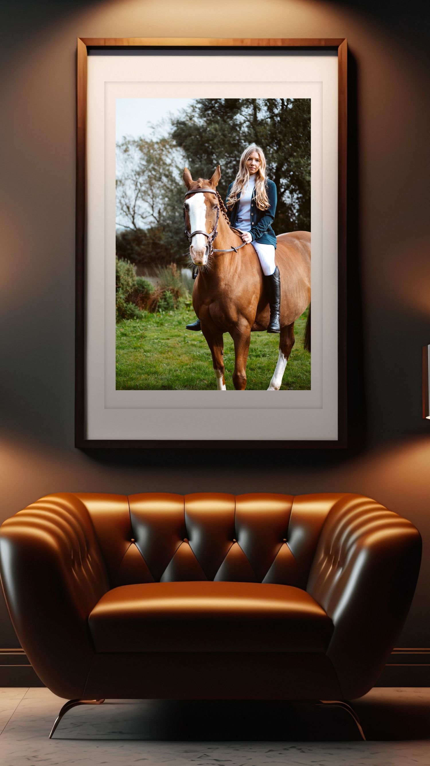 Elegant equestrian photograph displayed above a brown leather tufted chair in a modern interior.