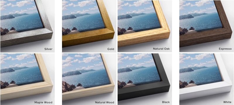 Array of photo frame samples showing different corner styles and finishes.