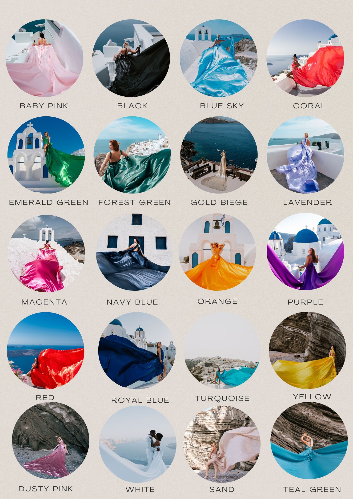 Color palette collection of flowing dresses photographed in Santorini's scenic locations.