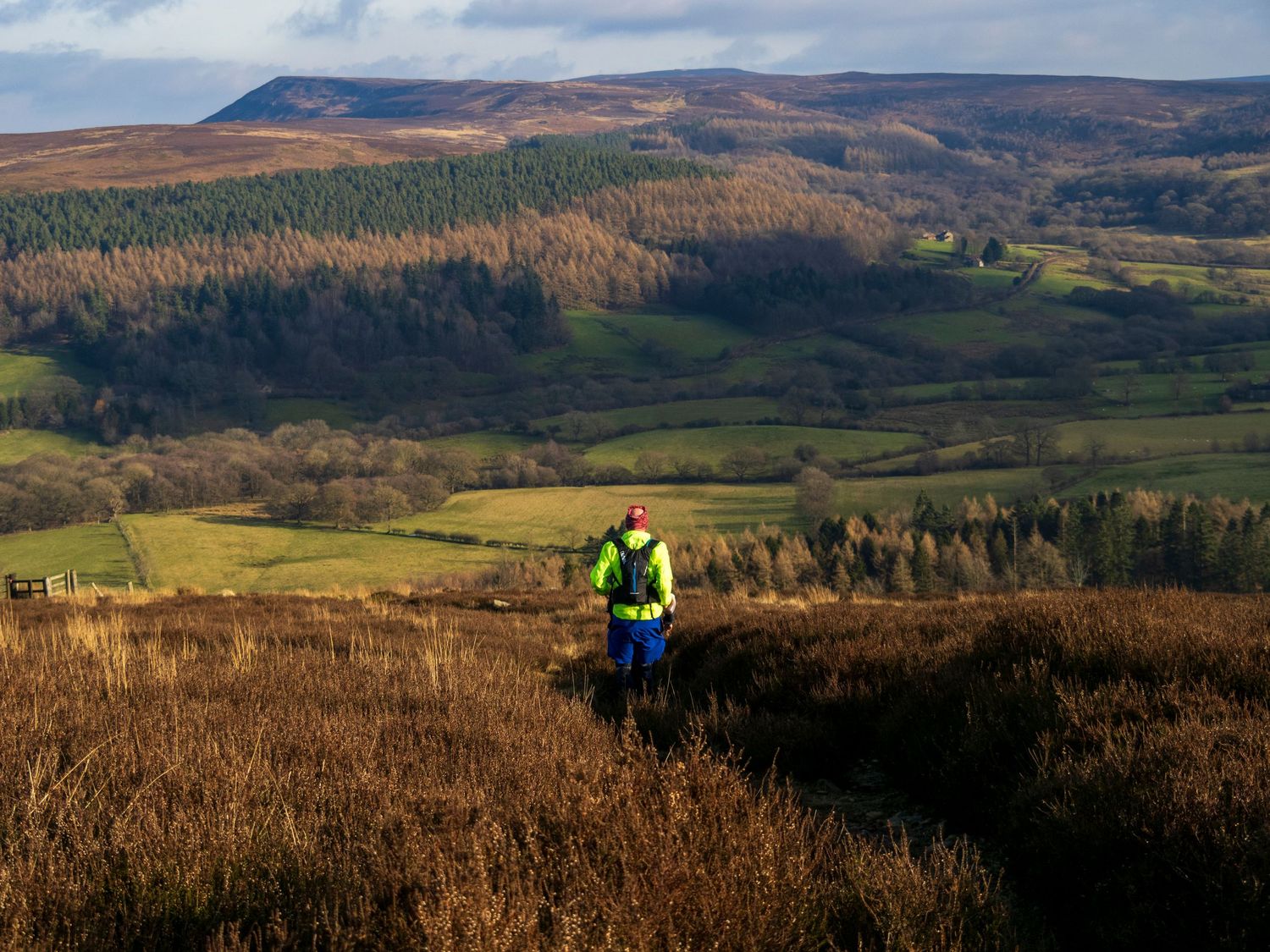 Runner in hi vis descending into the North York Moors National Park