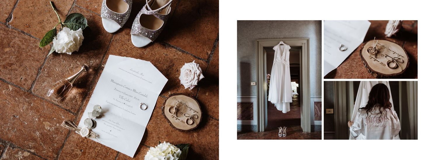 Wedding details flat lay featuring bridal shoes, invitation, rings, and a hanging white gown.