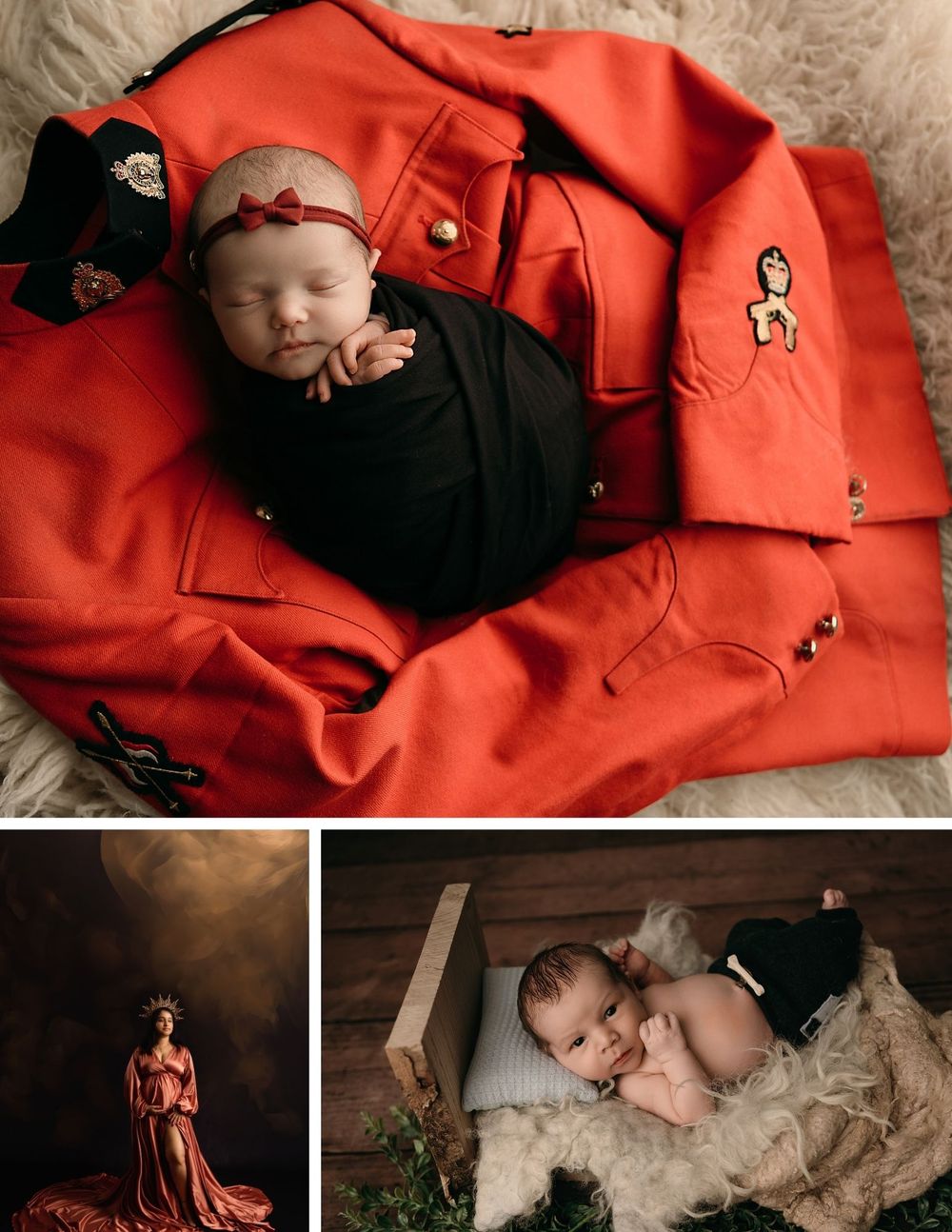 Sleeping newborn wrapped in black fabric on red background with artistic detail photos.