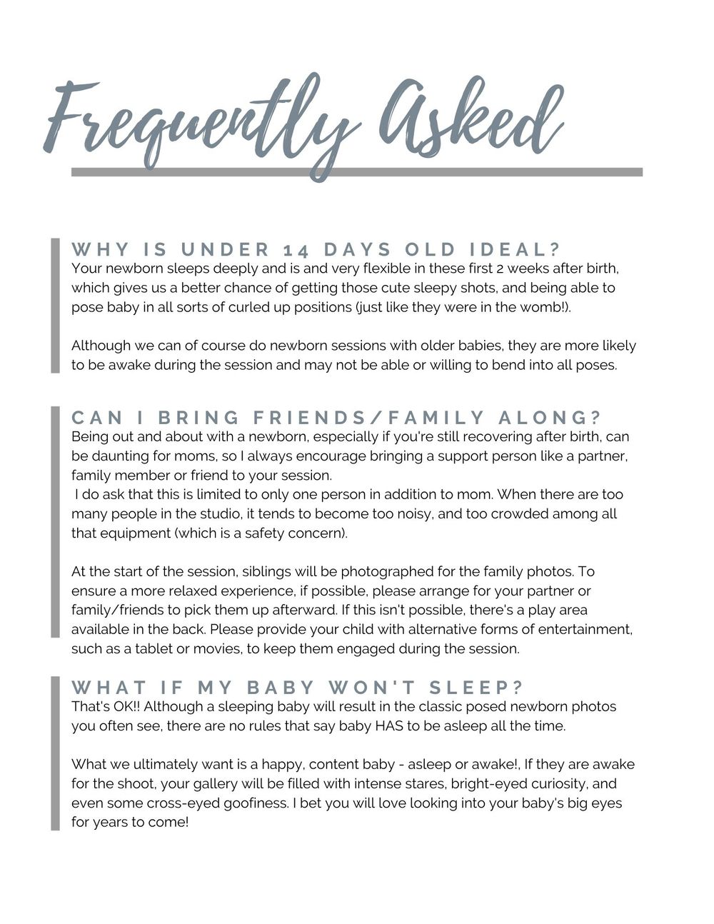 Frequently asked questions guide for newborn photography sessions.