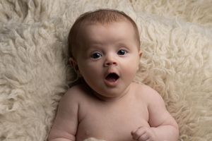 Baby wide awake and happy on a cream flokati during an in-home Newborn Session in Ceredigion