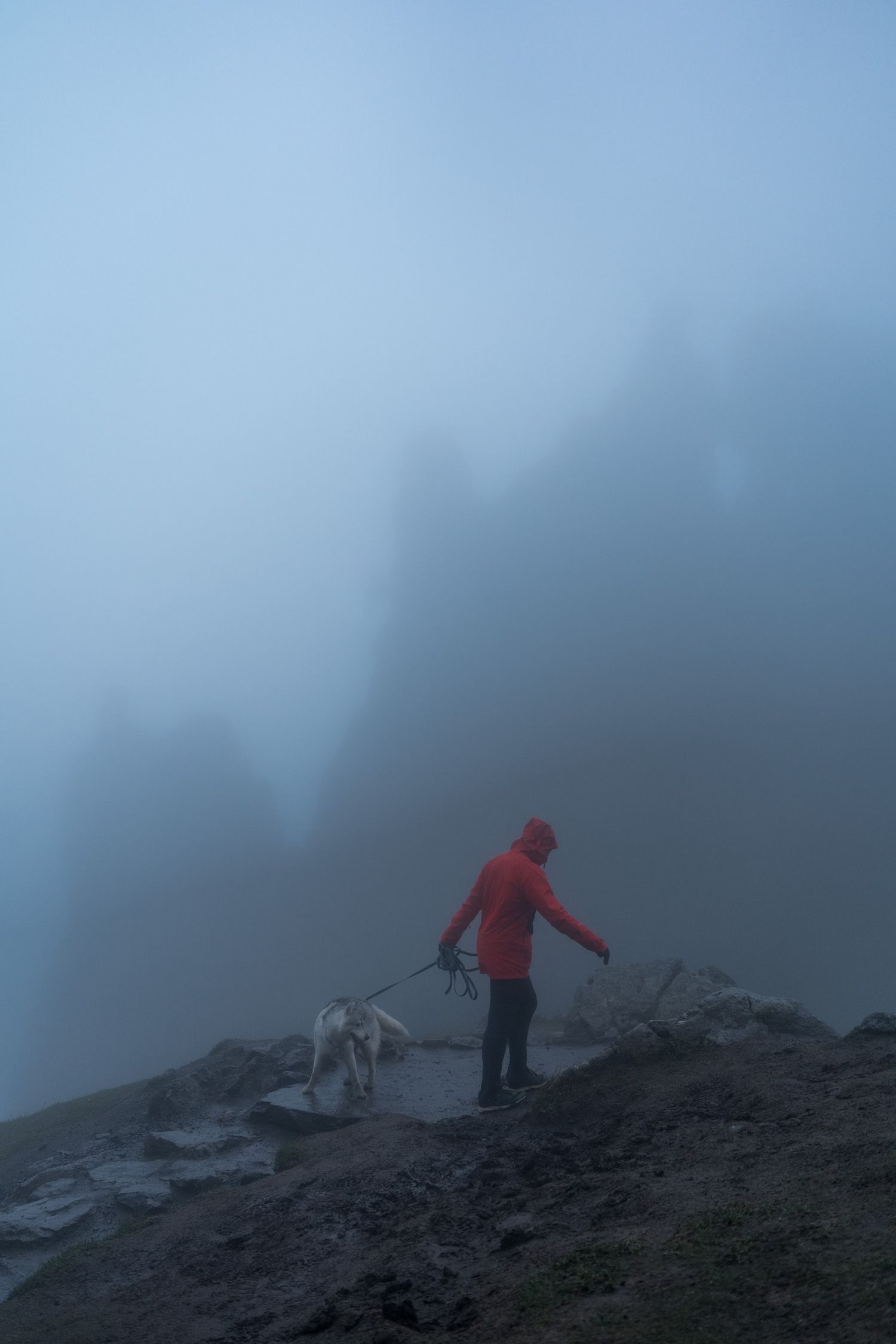 randonneur avec son chien dans le brouillard à the old mann of storr sur l'île de skye en ecosse