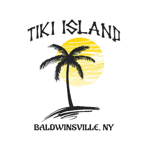 Tiki Island logo with palm tree silhouette against yellow sunset.