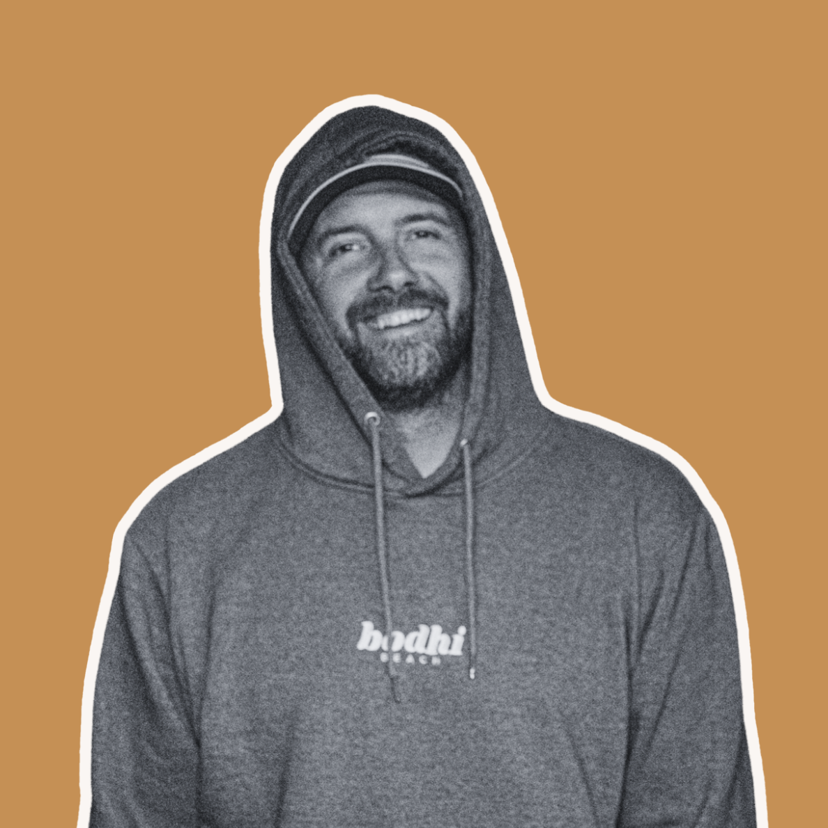A black and white sticker-style portrait against an orange background.