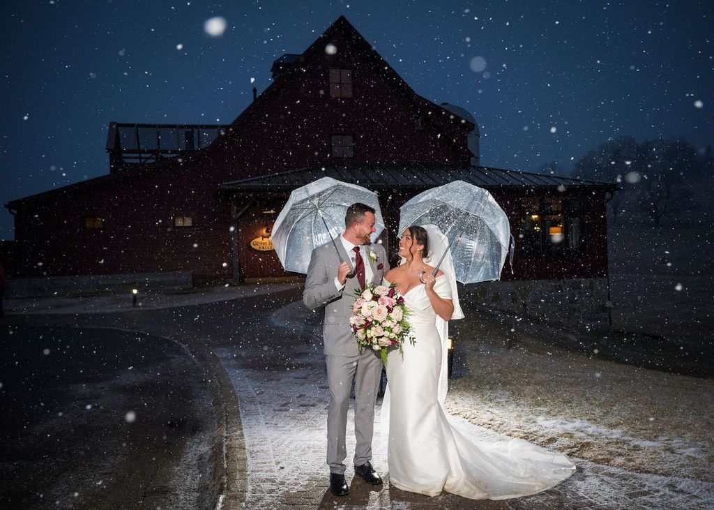 A series of nighttime wedding photos showing a couple posing in front of a mountain backdrop with a full moon.