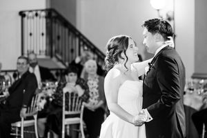 A black and white wedding photo montage showing intimate moments between newlyweds during their reception celebration.