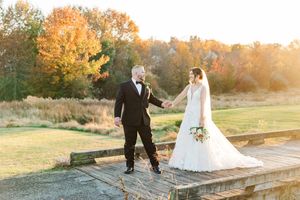 A collection of romantic sunset wedding photos showing a couple posing on stone steps surrounded by autumn foliage.