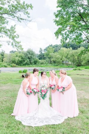 Wedding party in soft pink bridesmaid dresses gathered together on green lawn.