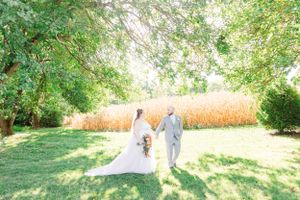 A couple walks hand in hand through a sun-dappled garden path on their wedding day.