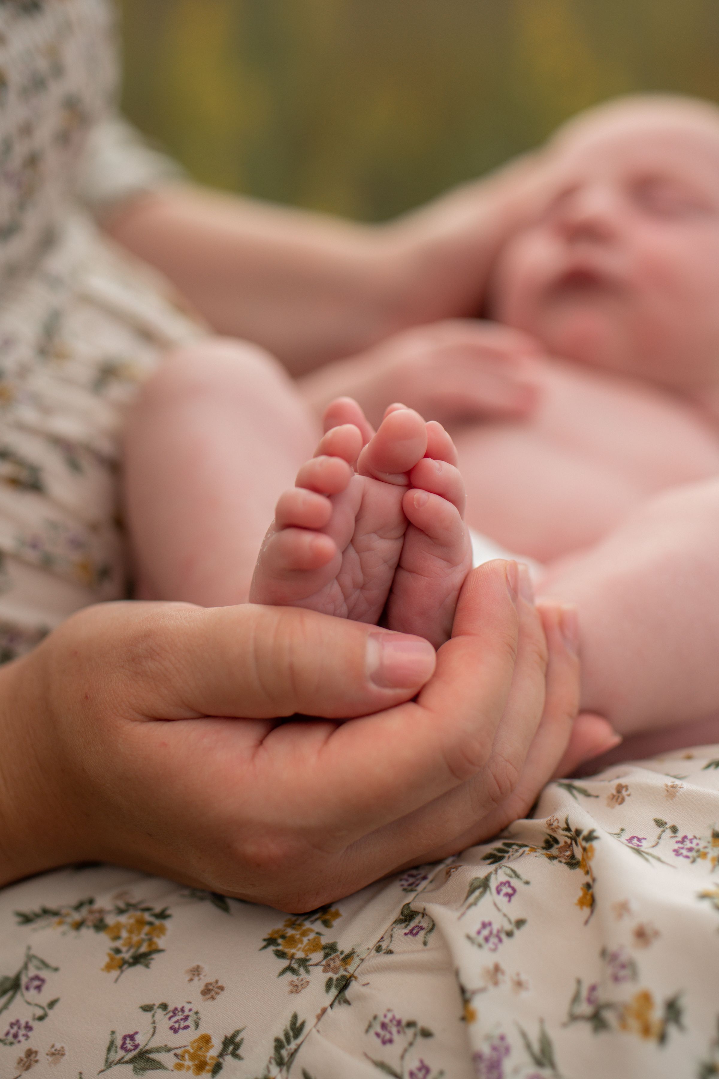A sleeping baby's tiny toes rest gently on adult hands against a floral patterned blanket in a newborn photo session shot.