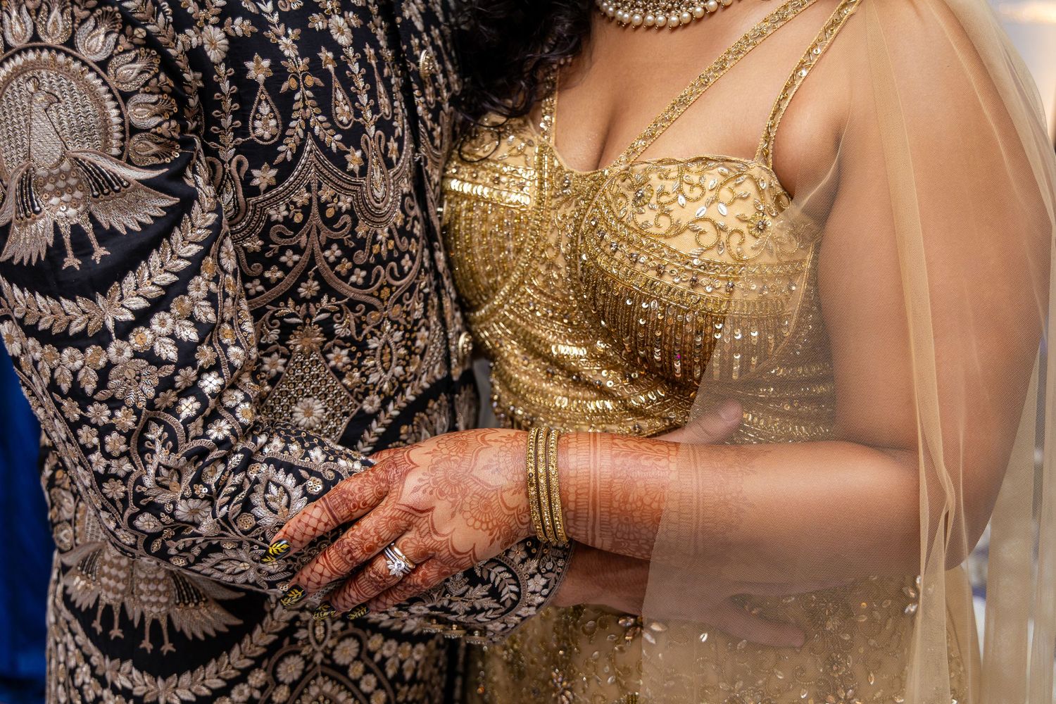 Close-up details of gold jewelry and embellishments on traditional South Asian bridal attire.