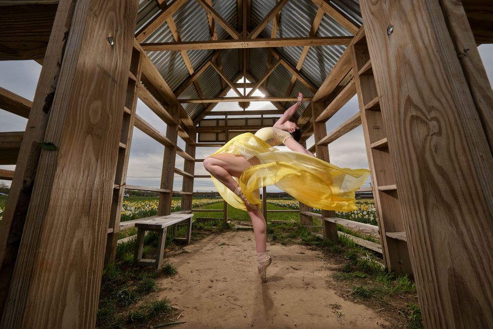 Dancer in billowing yellow dress leaps gracefully through wooden archway structure outdoors.