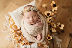 Sleeping newborn surrounded by delicate dried flowers in warm neutral tones.