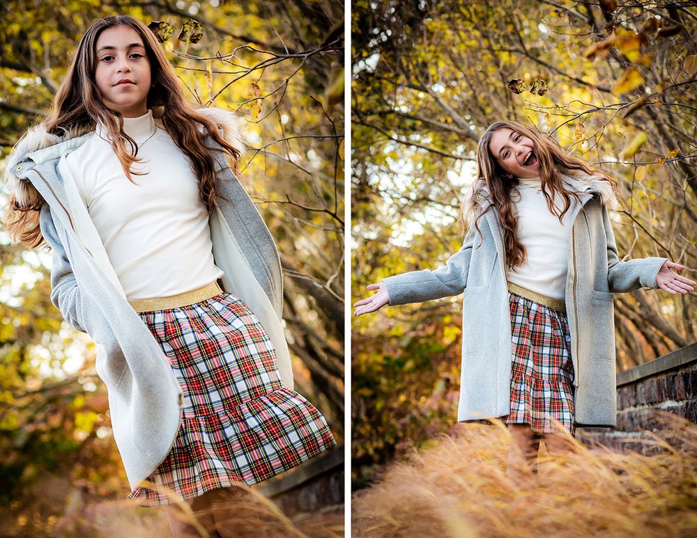 Fashion portrait series featuring plaid skirt and oversized coat in fall foliage.