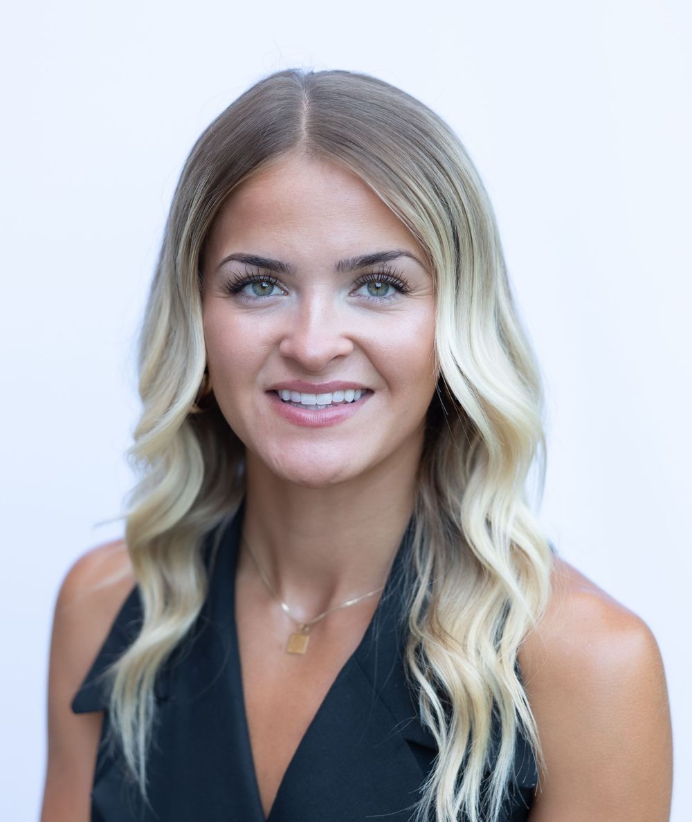 Professional headshots of a woman with blonde hair wearing a black top against a white background.