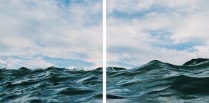 Diptych artwork of deep green ocean waves under blue cloudy sky.